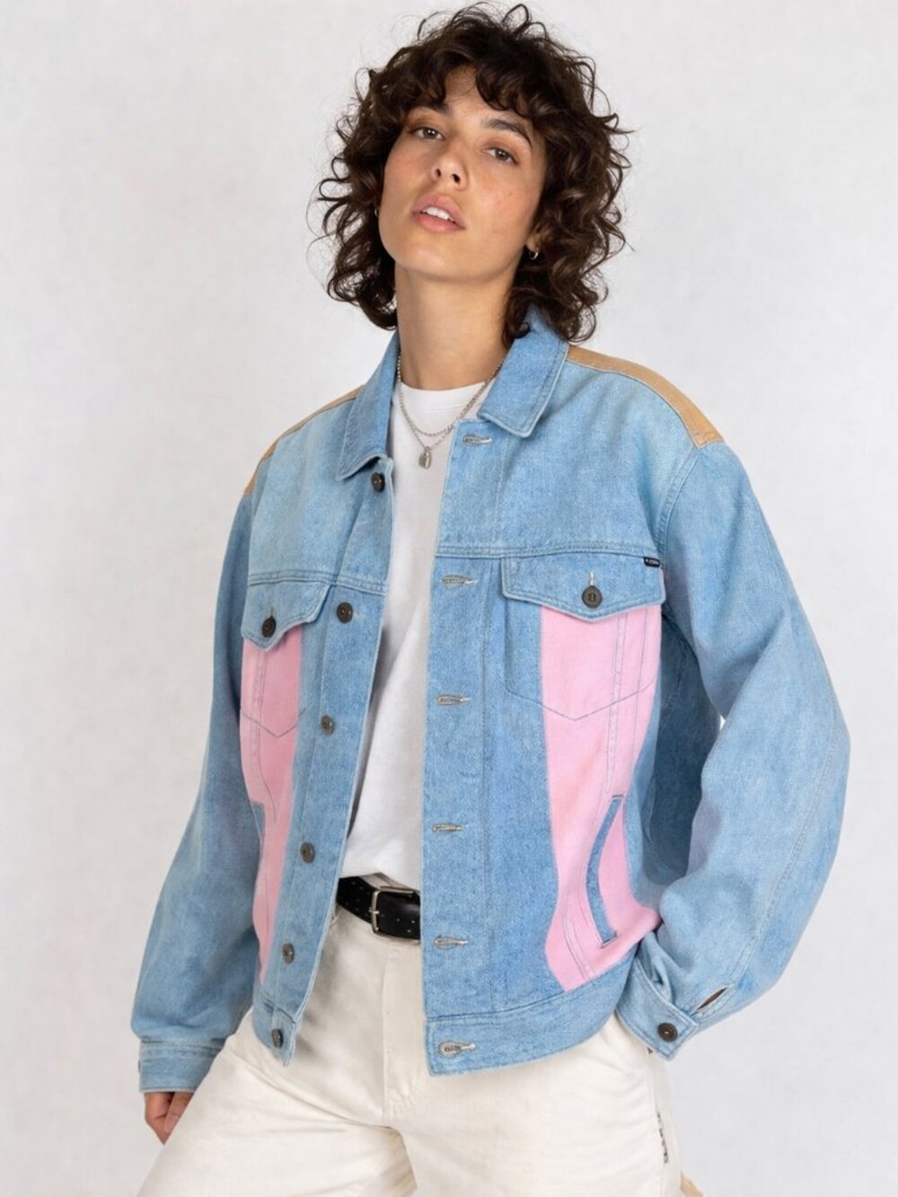 Barney Cools Colorblock Denim Jacket – oversized Blue/Pink/Tan – Size M
